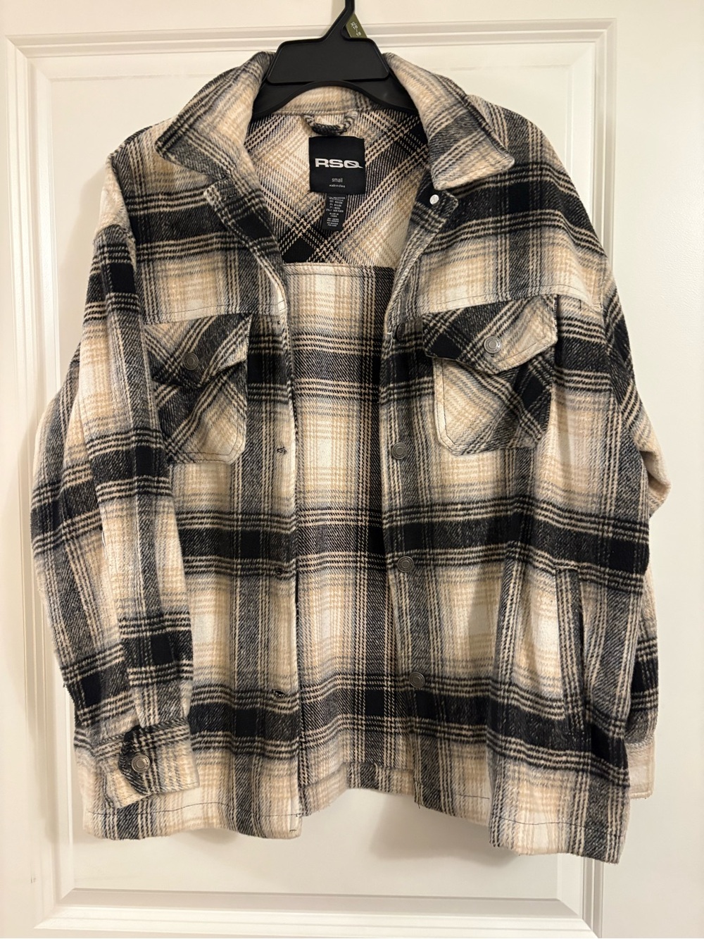 RSQ Black, Cream & Tan Plaid Utility Shacket